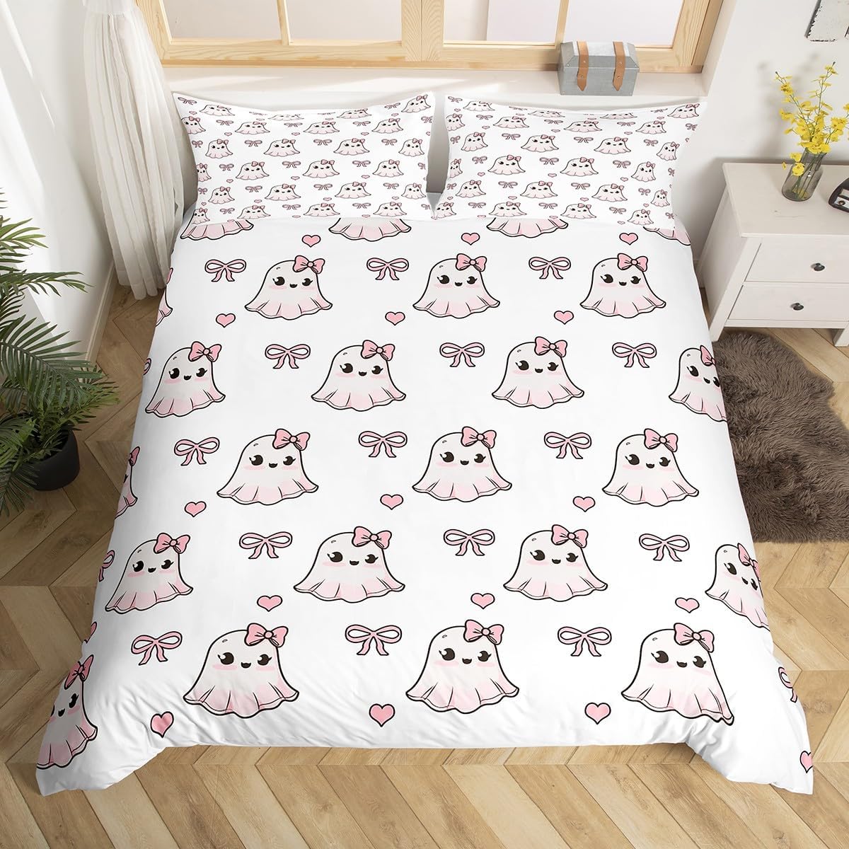 Cute Ghosts Duvet Cover Set Queen Size, Pink Bowknot Hearts Print Bedding Set for Kids Girls, Halloween Ghosts Bow Tie Comforter Cover, Soft Polyester Quilt Cover,2 Pillowcases,No Comforter, White