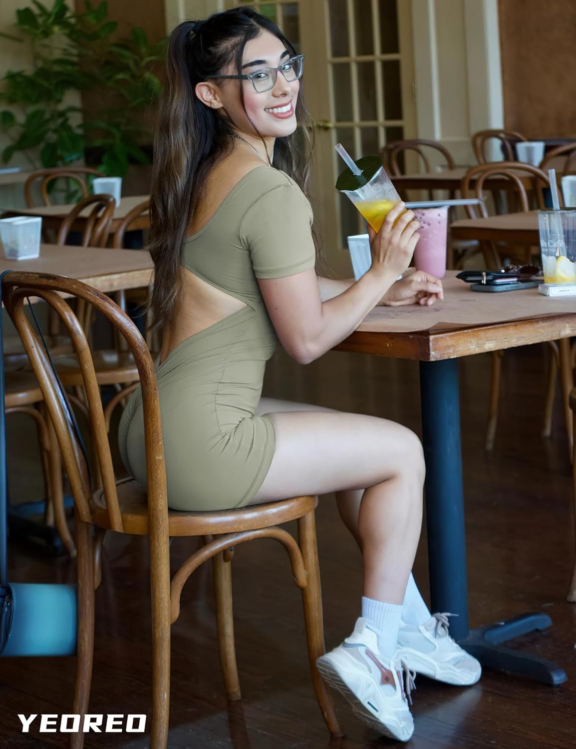 YEOREO Short Sleeve Jumpsuit for Women V Back Scrunch Butt Short Bodysuit Lizvette Open Back Workout Romper One Piece Bodycon - Image 3