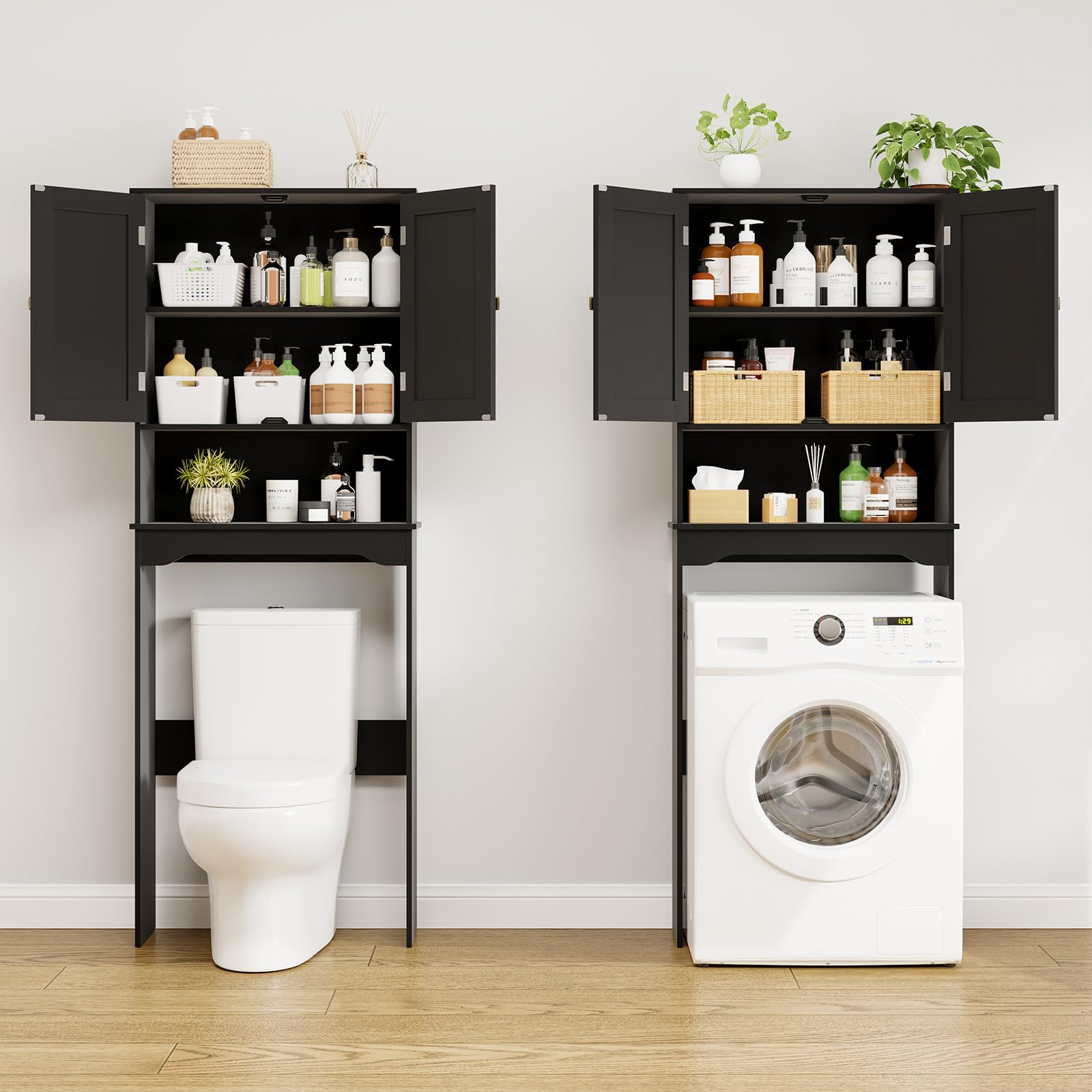 RRX WC-Aufbewahrungsschrank, Badezimmer-Organizer, 63 x 23 x 160 cm (L x B x H), freistehender Toilettenständer mit verstellbarem Regal und offenem Stauraum, Doppeltüren (Schwarz)