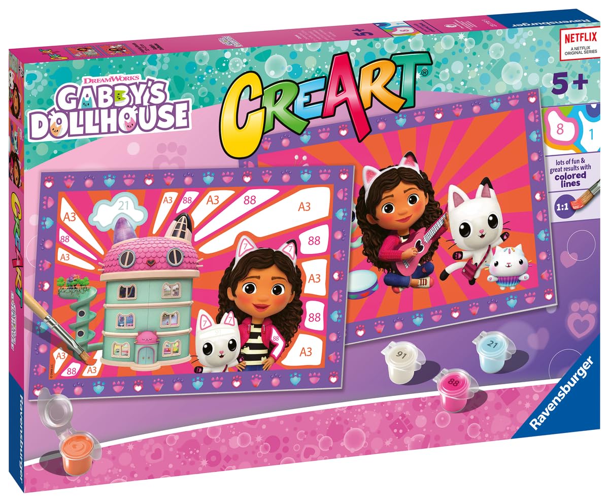 Ravensburger - Creart Junior: Gabby's Dollhouse | Malowanie według numerów dzieci | Rzemiosło dziewczynka 5 lat | Płótno do malowania dzieci | Zawiera kompletny zestaw do malowania dla dzieci | 2