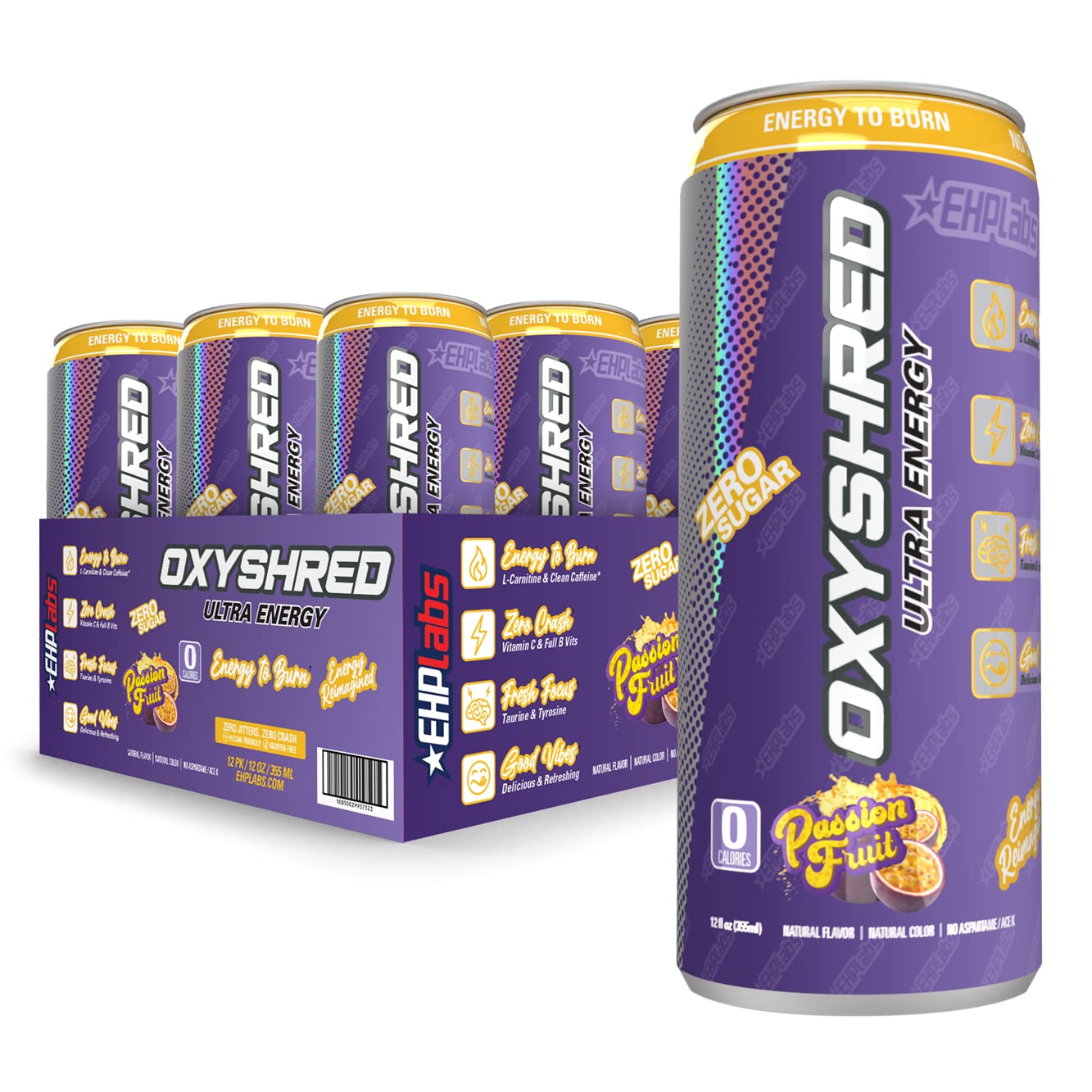 EHP Labs OxyShred Healthy Energy Drink - Zero Sugar Energy Drinks with Amino Acids, Green Tea Extract, Vitamin C & L Carnitine - Zero Carbs, Zero Calories, Clean Caffeine, Passionfruit (12-Pack)