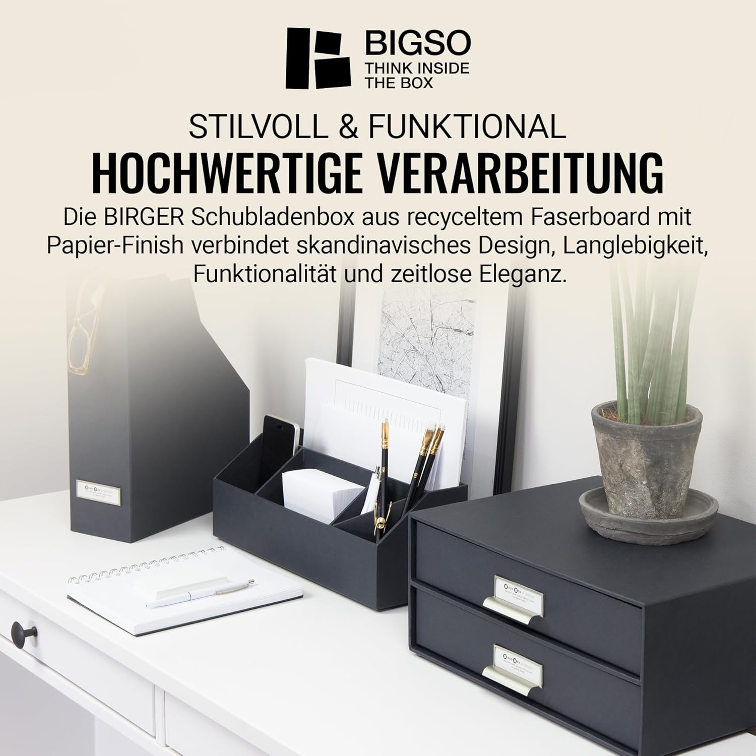 Bigso Box of Sweden Drawer Storage Box for Documents and Office Supplies - Desk Organiser with 2 Drawers - Fibreboard and Paper Filing System - Dark Grey