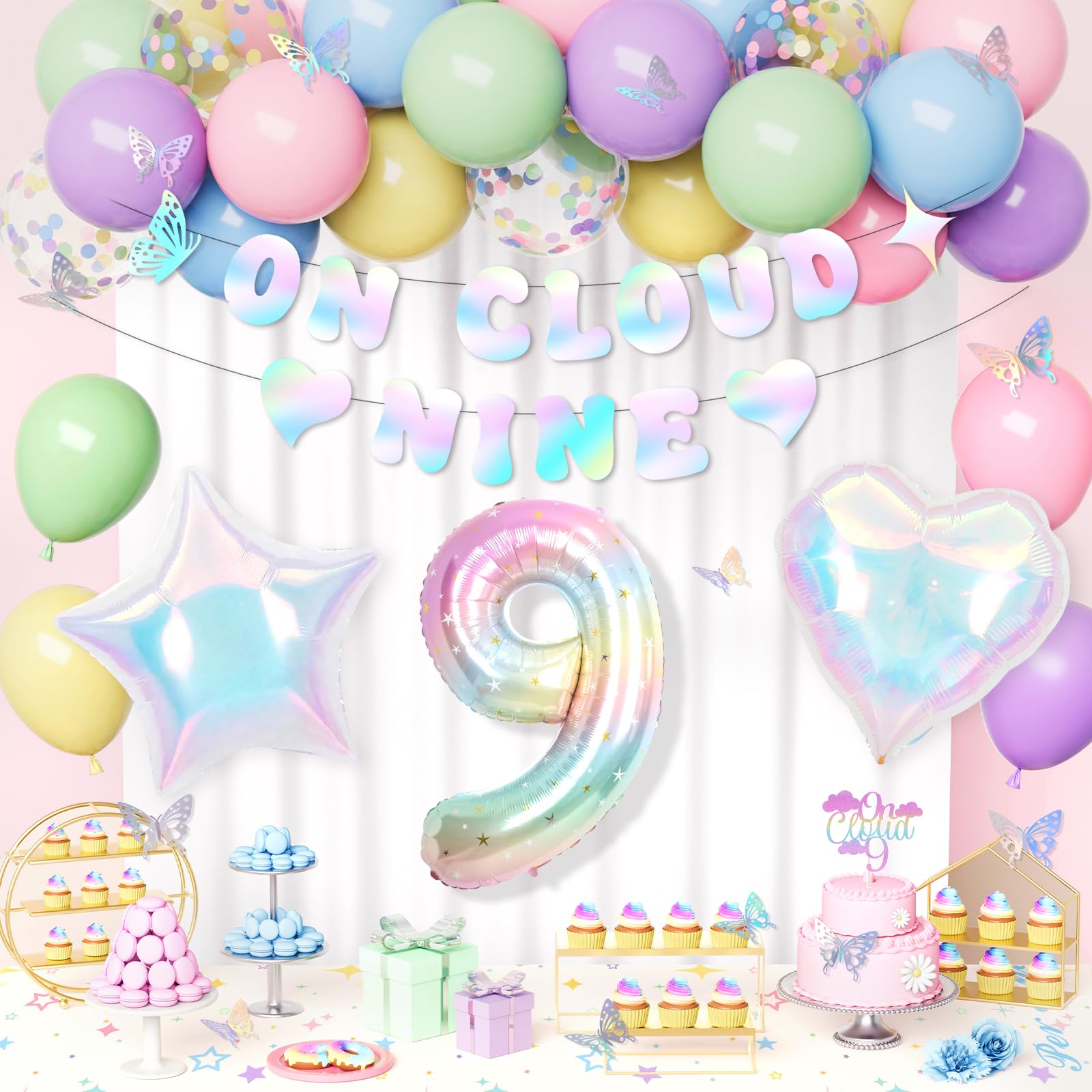 9th Birthday Decorations Girl, On Cloud Nine Banner 9th Party Decoration Set, Macaron Pastel Balloons, Number 9 Balloon, Heart Foil Balloon, Pastel Birthday Decorations for 9 Years Girls Party Deco