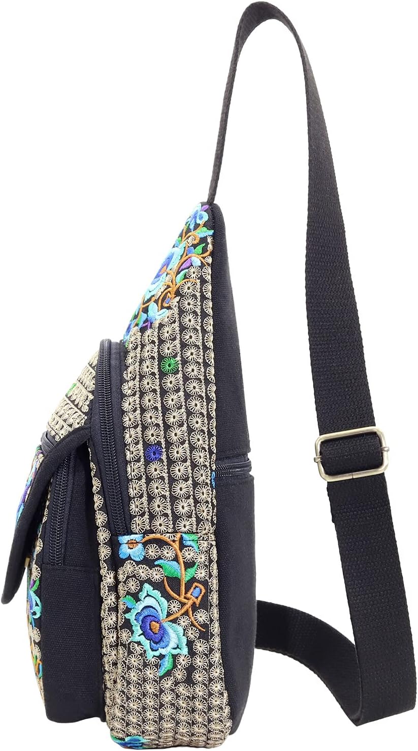 SILKAREA Embroidered Boho Small Sling Bag for Women Travel Chest Bag Crossbody Backpack Purse Shoulder Bag (Blue) - Image 2