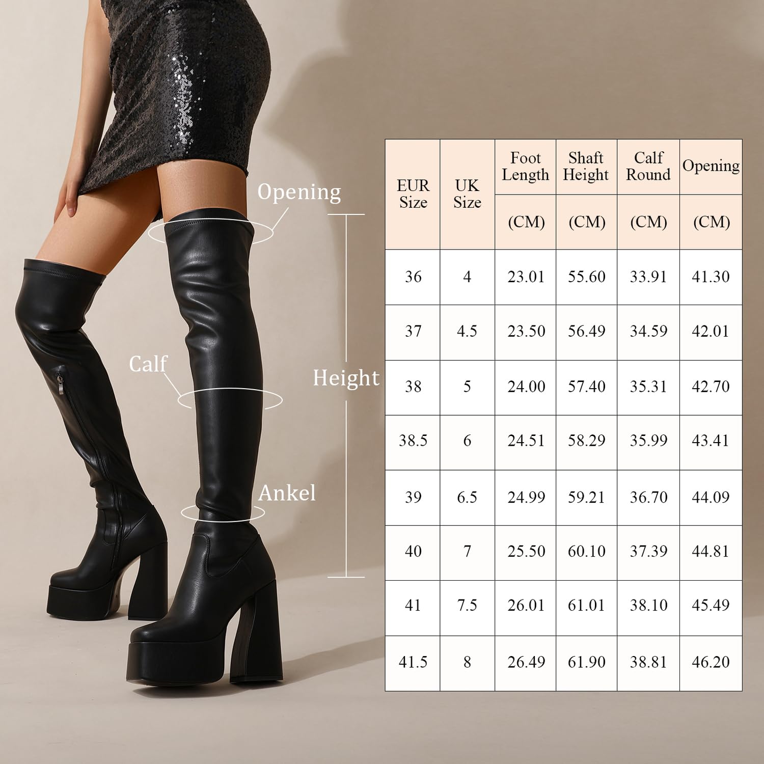 LanreyTaley Platform Thigh High Boots for Women Chunky Block Heels Over The Knee Boots Stretch Go-Go Boot Square Toe Party Boots with Zipper: 9 Black
