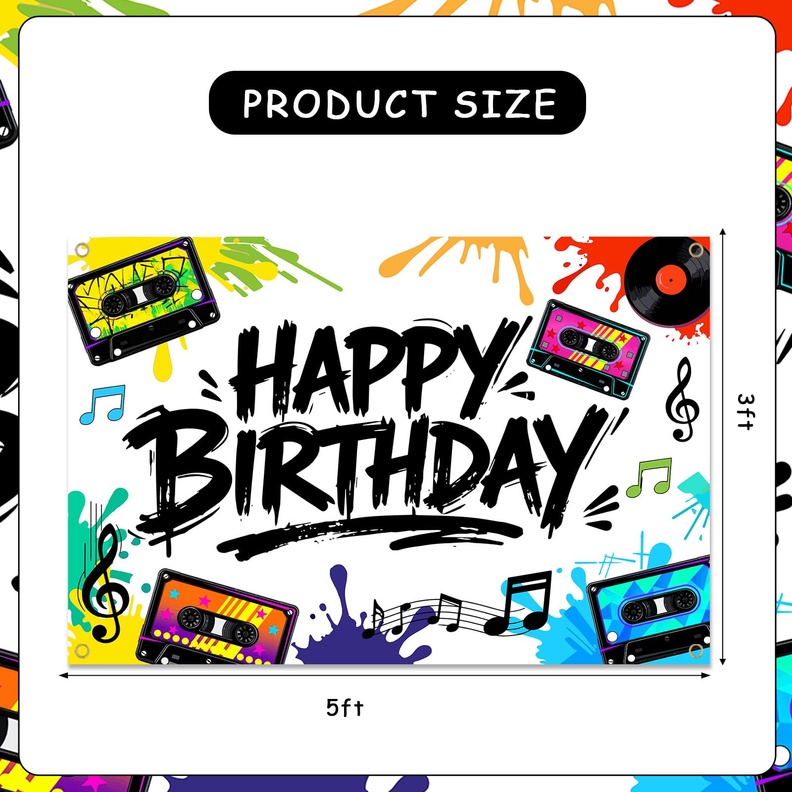 Cinta de casete para cumpleaños, telón de fondo con temática musical, caja de feliz cumpleaños, pancarta colorida de graffiti, música, audio, boombox, fondo de fotografía para niños y adultos
