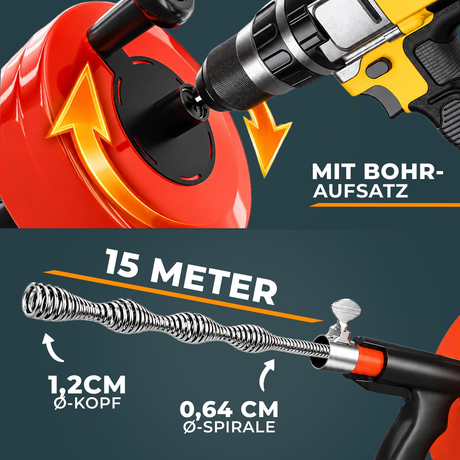 Meisterfaktur Rohrreinigungsspirale mit Metalltrommel [15m] - mit Bohraufsatz - Ideale Abflussspirale für eine umweltfreundliche Rohrreinigung - Die stabile Rohrspirale für echte Heimwerker!