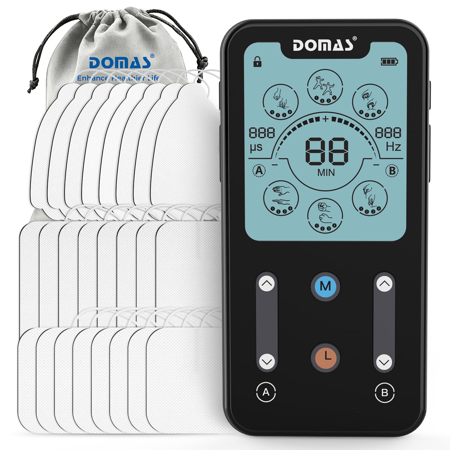 DOMAS TENS Unit Muscle Stimulator: 24 Modes Dual Channel EMS Machine with 24pcs Electrode Pads for Shoulder, Back Pain Relief, Suitable for Seniors, Office Workers, Fitness Enthusiasts and More