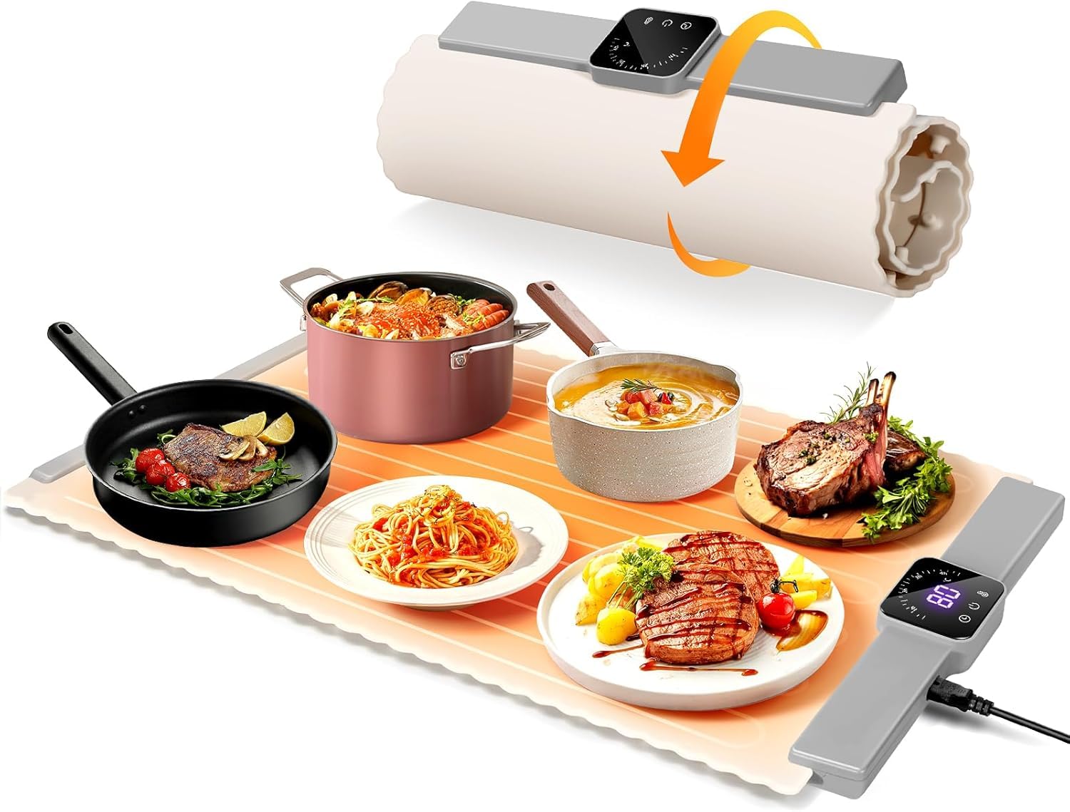 DoubleCare Alfombrilla de calefacción de silicona para alimentos, bandeja enrollable con 5 ajustes de temperatura y temporizador de 4 horas