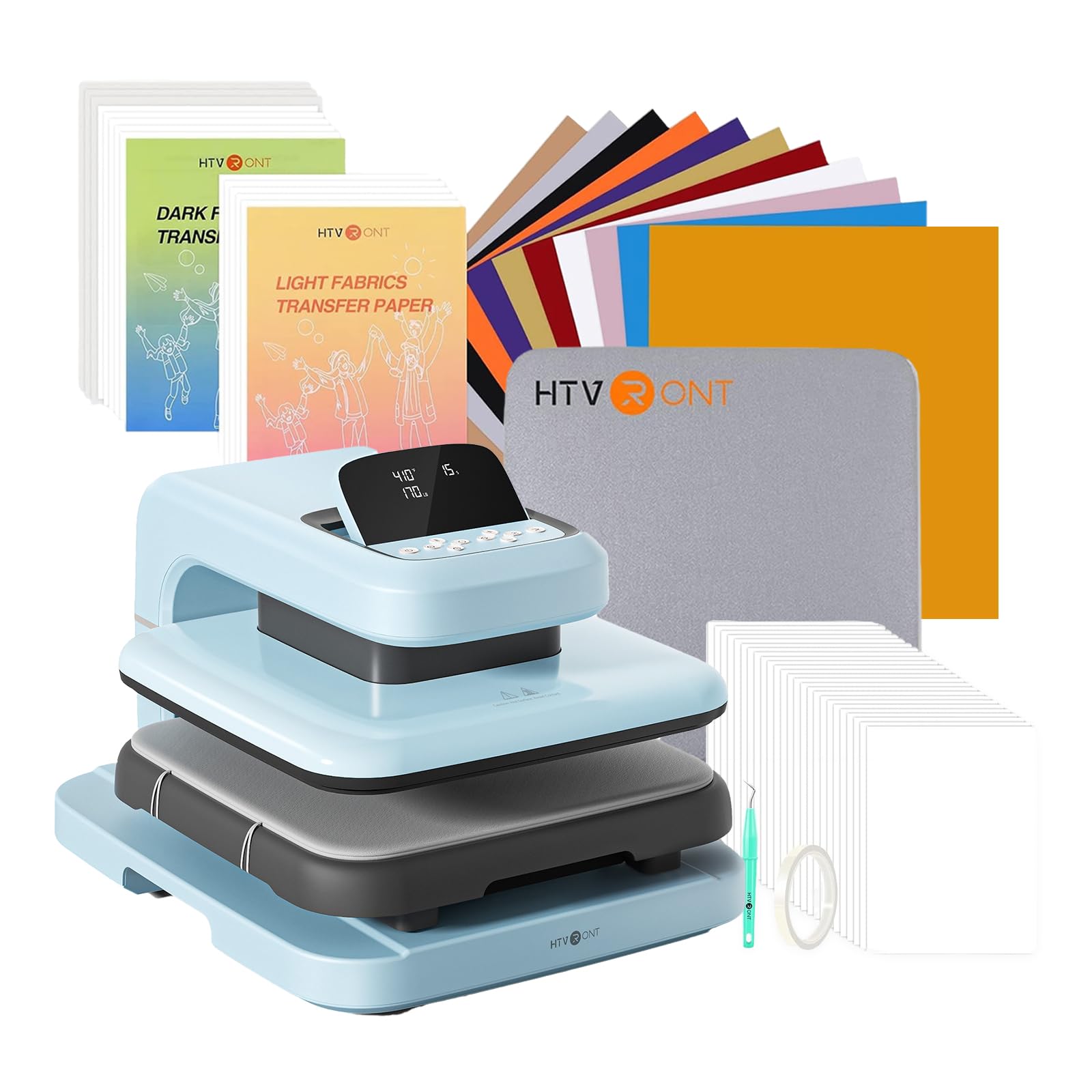 Prensa térmica automática HTVRONT para camisetas, 15 x 15 cm, presión ajustable, 52 accesorios.