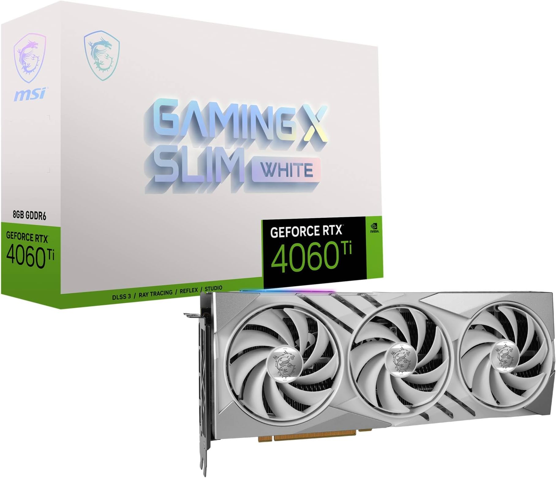 MSI GeForce RTX 4060 Ti Gaming X Slim White 8G Graphics Card – 8GB GDDR6, 128-Bit, 18Gbps, 4352 CUDA Cores, HDMI 2.1a, DP 1.4a x3, TORX Fan 4.0, Ada Lovelace, Ray Tracing, DLSS 3, RGB Mystic, PCIe x16