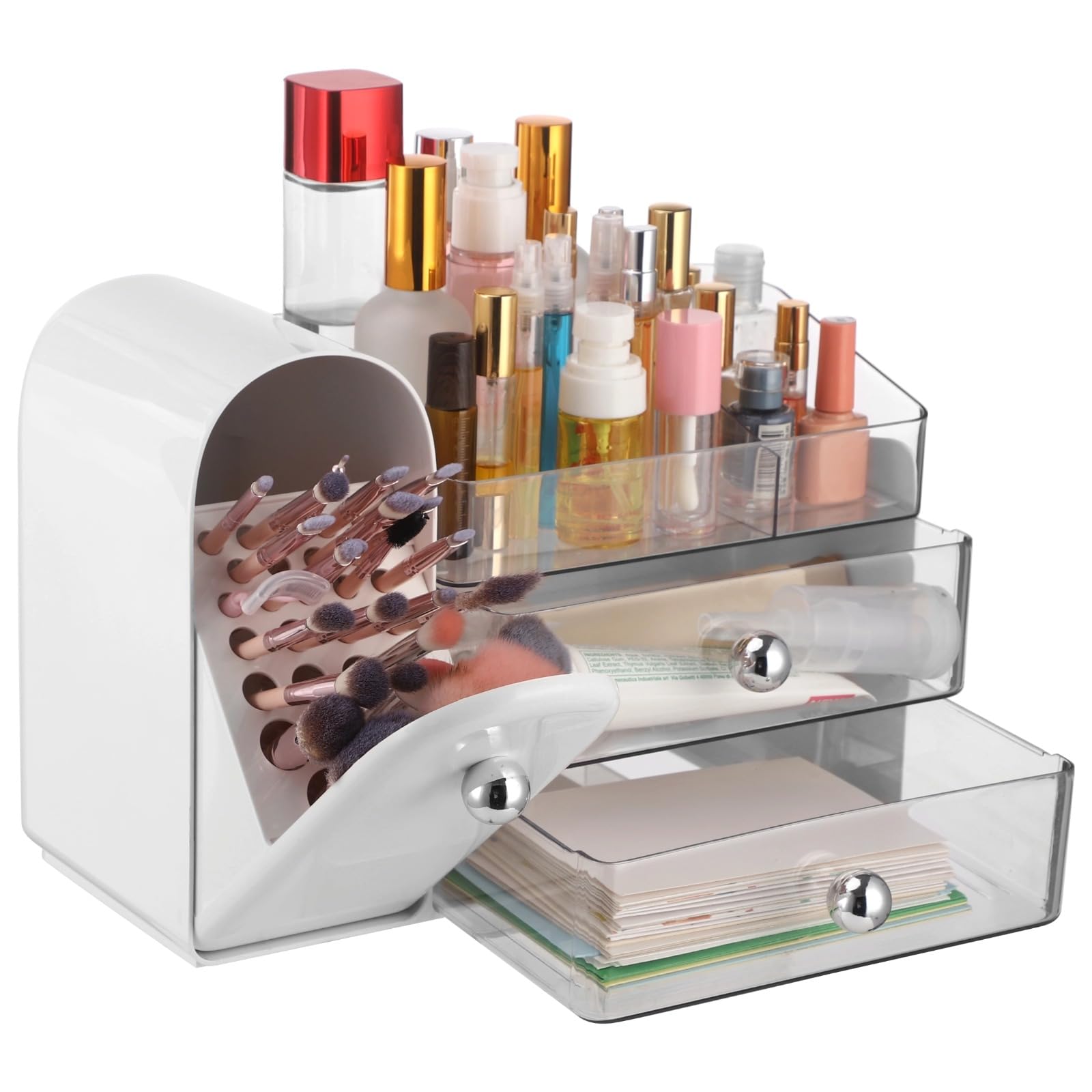 Caja de almacenamiento de cosméticos con soporte para brochas de maquillaje, organizador de maquillaje multifuncional, vitrina grande para encimera con 2 cajones para el cuidado de la piel