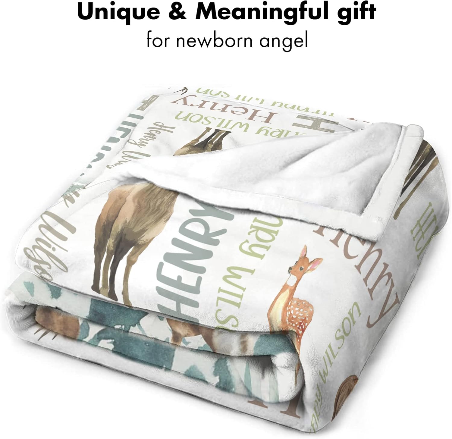 Personalized Deer Baby Blanket, Custom Name Soft Fleece Wrap, Woodland Stag Nursery Theme, Cozy Infant Bedding, Forest Scenery Newborn Gift