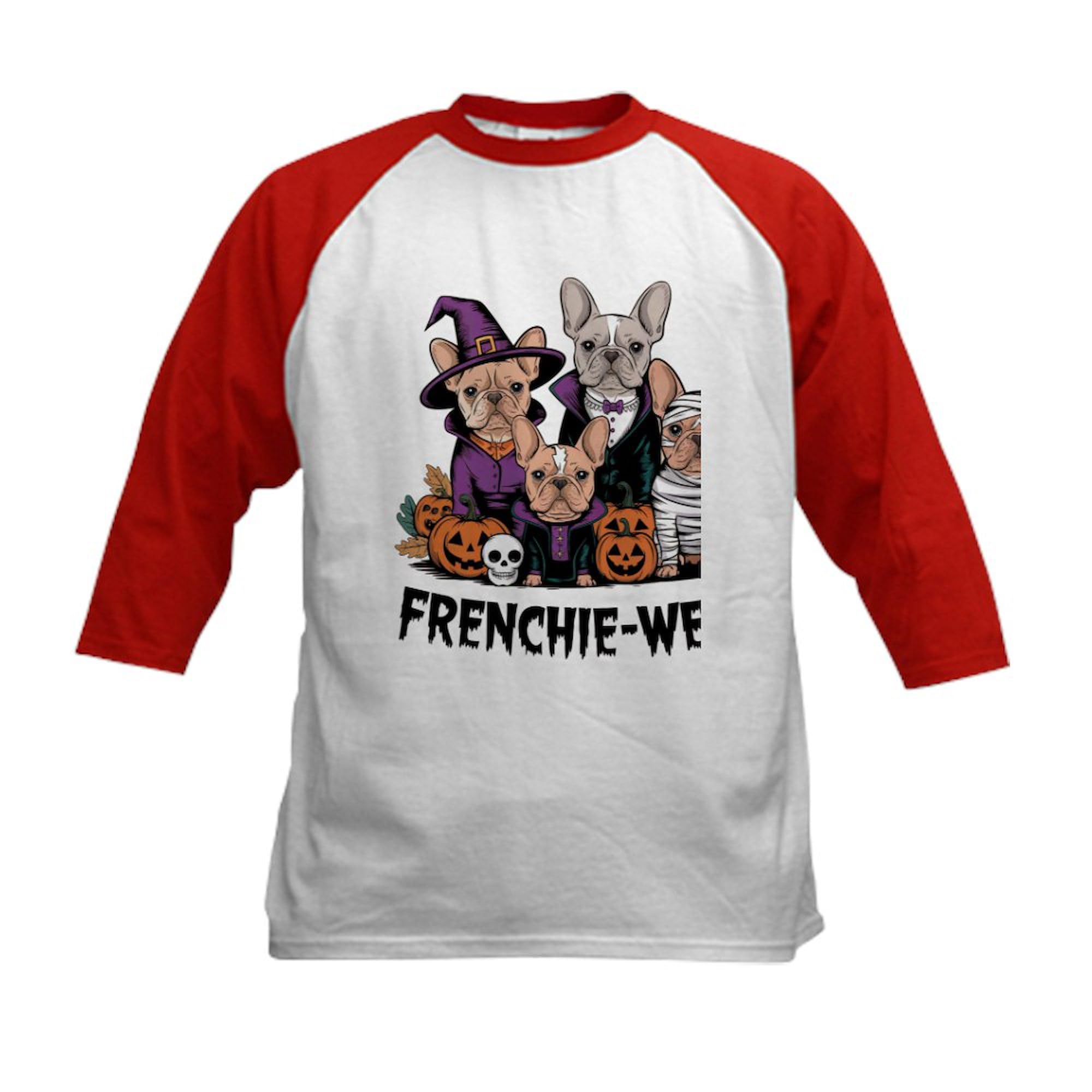 CafePress Frenchie Ween Kids Baseball T Shirt Kids Cotton Baseball Jersey, 3/4 Raglan Sleeve Shirt Red/White