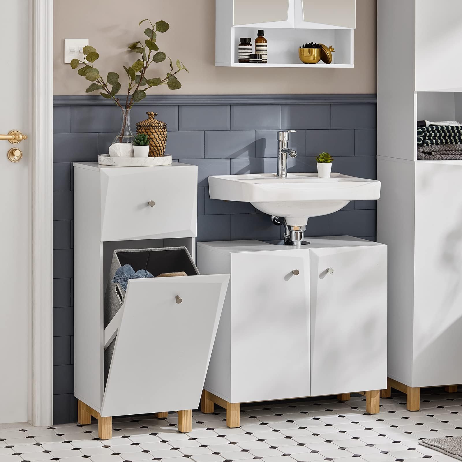 SoBuy Armadietto da Bagno con Cesto per il Bucato – Mobile per il Bucato con Cassetto Compatto, Mobile Salvaspazio in Legno per il Bagno, Design Moderno, Bianco, 34x90x30 cm, BZR93-W