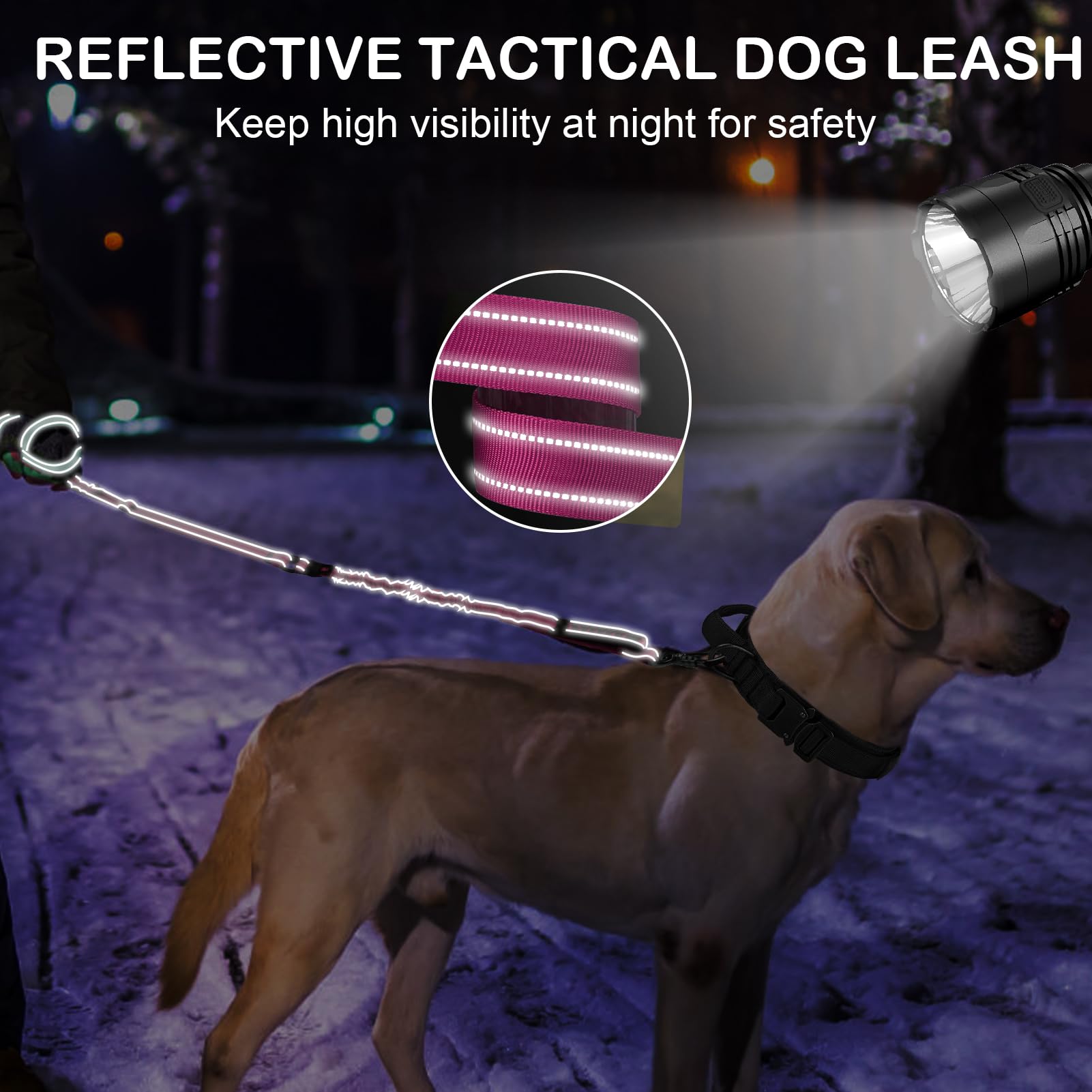 Correa táctica resistente para perro, correa elástica para perro de 4 a 6 pies, reflectante militar, fuerte, sin tirones, con 2 asas acolchadas y cinturón de seguridad de coche para perros