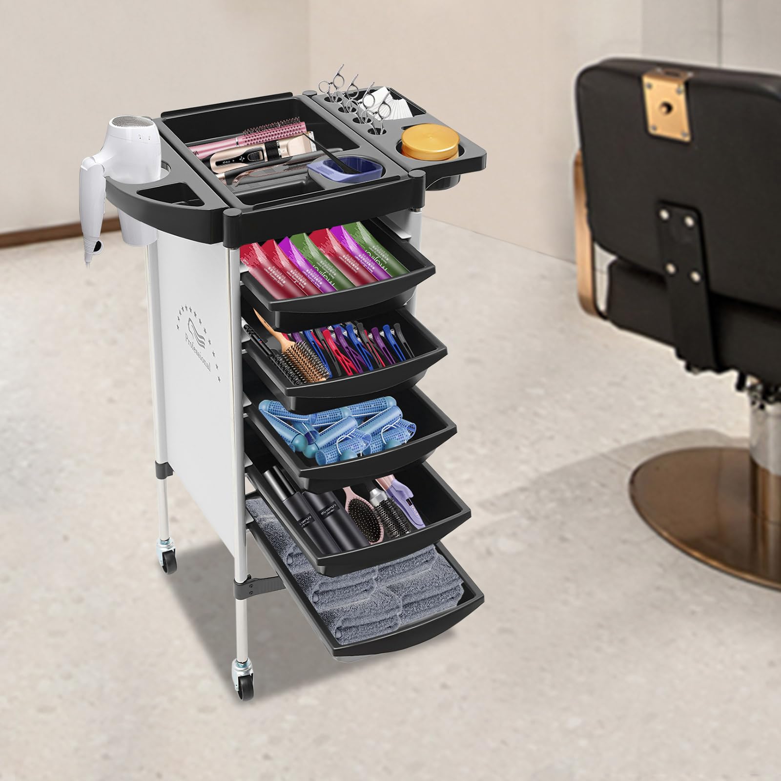 Carrito de peluquería con ruedas con 5 cajones y ruedas, carrito de trabajo peluquero para estilista peluquería peluquería peluquería spa blanco