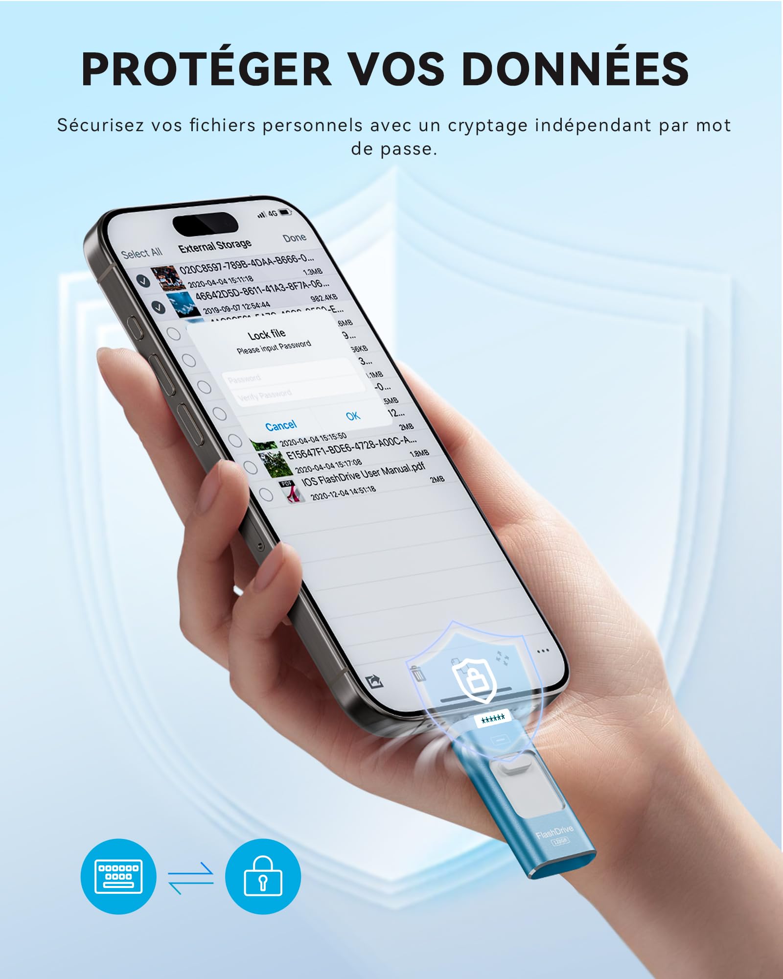 ROSPE Cle USB iPhone, Clé USB C 128 Go Apple MFI Certifié, 3 en 1 Cle USB pour iPhone/iPad/Type C/Android/PC, Stockage Externe Haute Vitesse Clef Transfert Photos, Vidéos, Films(Bleu clair)
