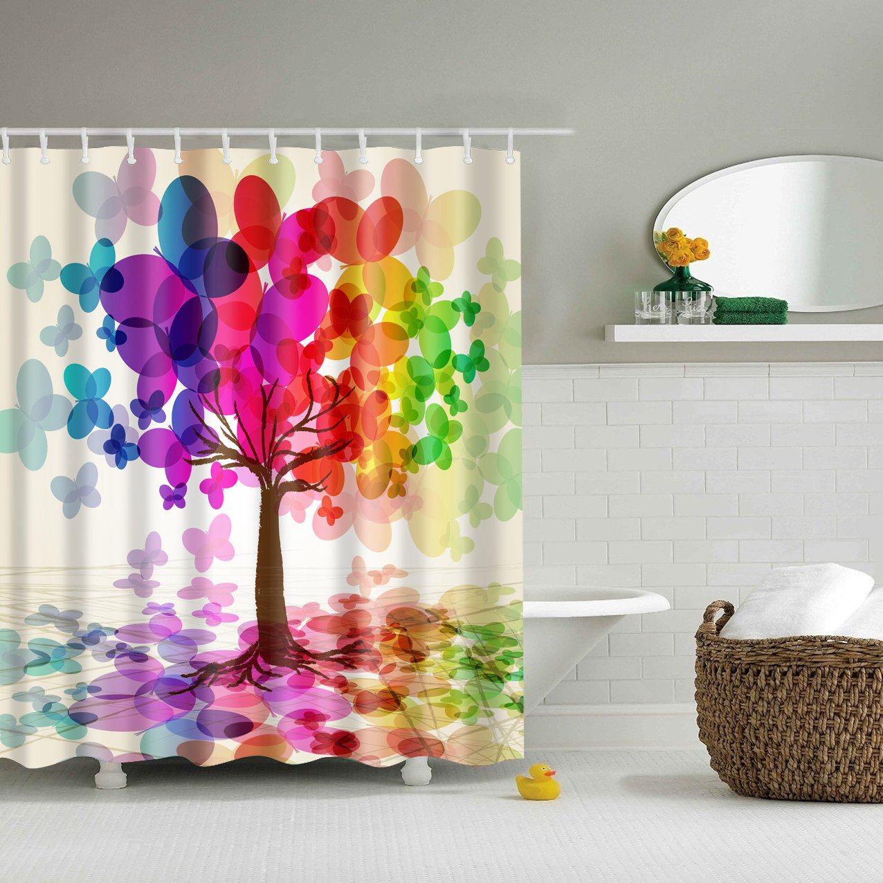 StoneMaxi 180x180cm Bathroom Shower Curtain, 100% Polyester Fabric Waterproof Anti-Mould Proof Mildew Resistant, Washable, Quick-Drying, with 12 Pcs Hooks (72 x 72 Inch) (Colourful Butterfly Tree)