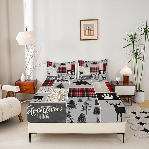 Miniatura 196 de Sábana bajera ajustable de oso de caza, juego de ropa de cama a cuadros de búfalo, sábanas de retazos de cabaña rústica para niños, niños, Multi