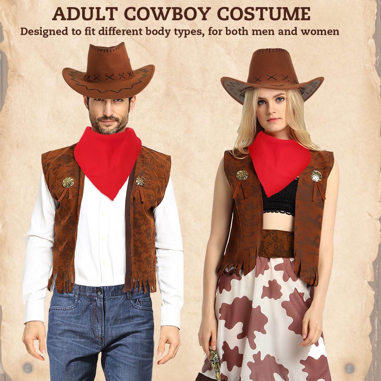 Kostium kowbojski, western, cosplay, kamizelka z frędzlami, kapelusz, chusta, na karnawał, hipisowy, zestaw dla dorosłych