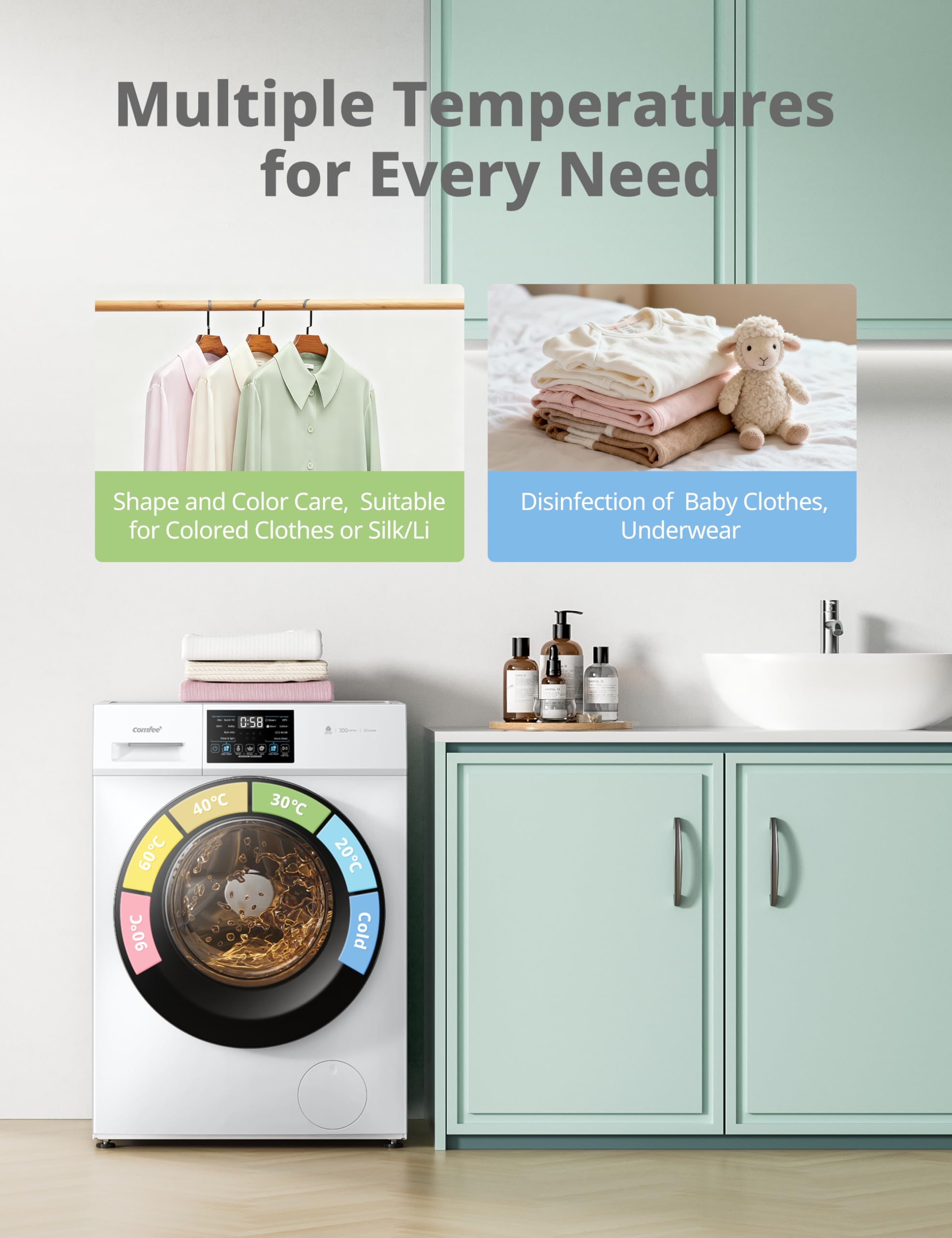 COMFEE' Freestanding Washing Machine,10KG Load,A-10% Class, 1400RPM, Steam Care,BLDC Motor,Woolmark,Touch Panel,White-CFP03EW100W-UK — view 8