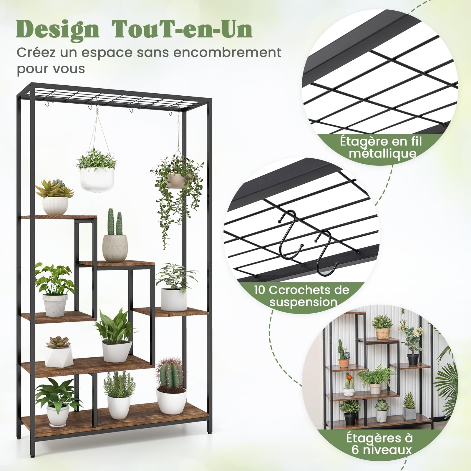 RELAX4LIFE Étagère à Plantes à 6 Niveaux 180 CM avec 10 Crochets Suspendus, Étagère d'Angle Ajustable pour Salon Terrasse Jardin (Noir+Brun)