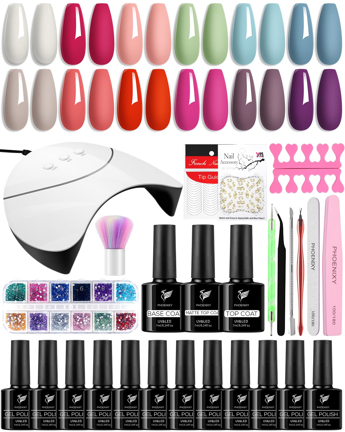 Phoenixy Kit Uñas Semipermanentes, 12 Colores 7ml Uñas Semipermanentes Kit Completo con 36W U V/LED Lampara Uñas Semipermanentes, Kit Manicura Semipermanente con Base y Top Coat