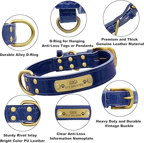 Miniatura 39 de Collar de perro de cuero genuino personalizado con placa de nombre grabada, duradero y elegante collar de perro personalizado para perros pequeños