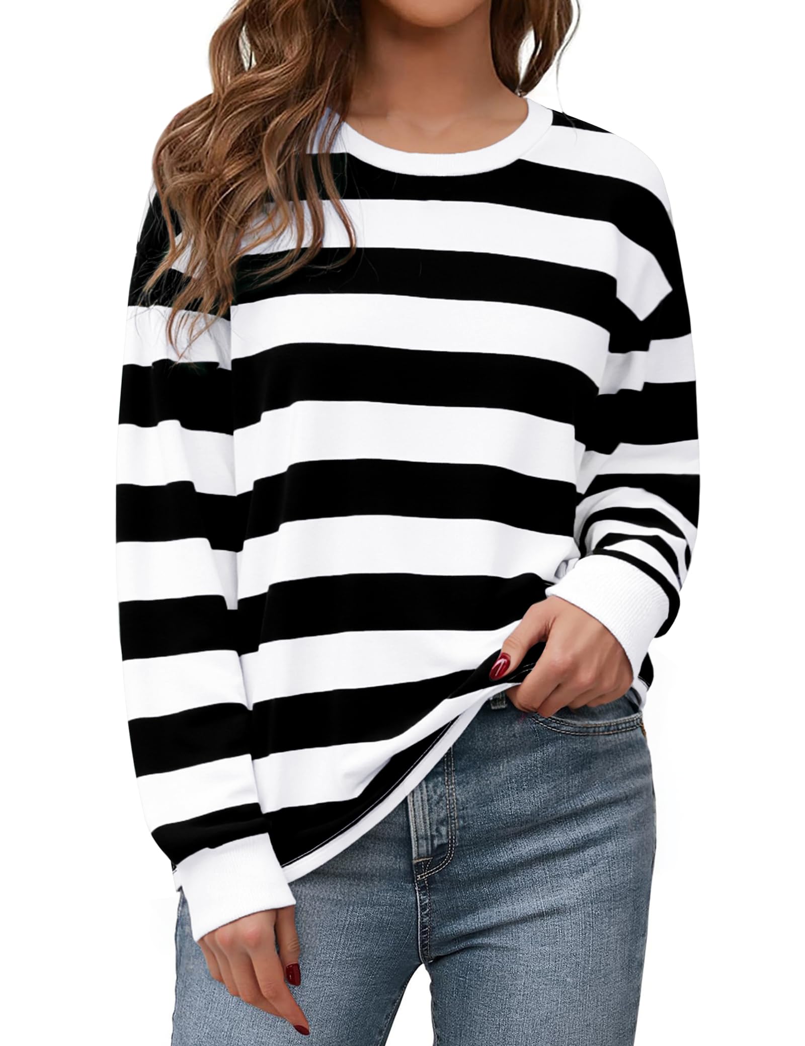 Aottori Sweatshirt Damen Oversized Pullover Gestreiftes Elegant Langarmshirt Rundhals Baumwolle Oberteile Langarm Locker Pulli Herbst Casual