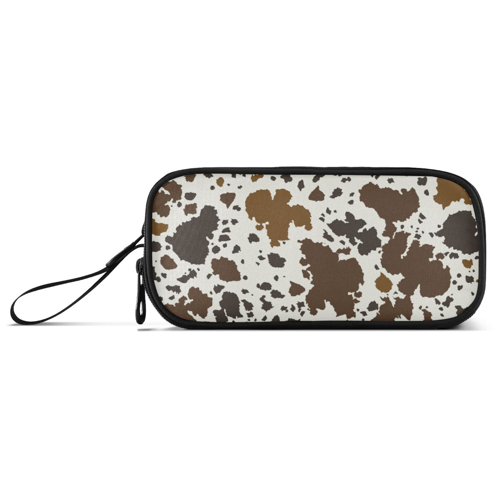 Fisyme Cow Print Brown Pencil Case Large Capacity Pen Box Makeup Pouch Holder Organizer Stationery Bag for School Office College Traval Adult