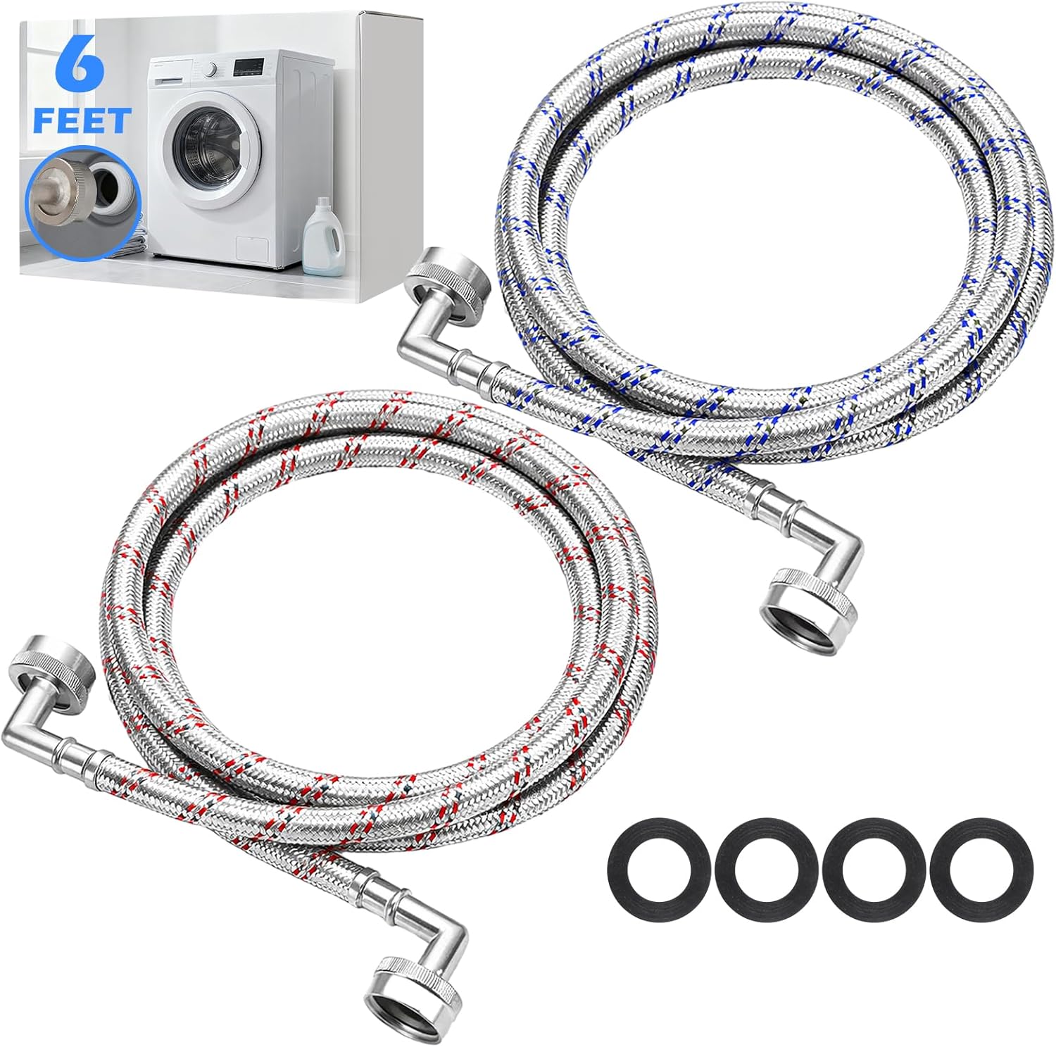 Otoolling 2-Pack 6ft Stainless Steel Washer Hoses with Double 90° Elbows - Leak-Proof Hot & Cold for Tight Spaces, 3/4" FHT