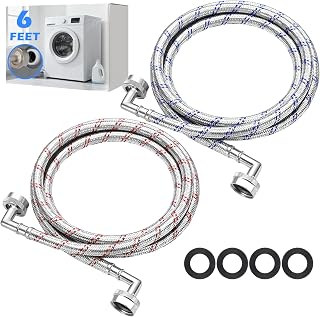 Otoolling 2-Pack 6ft Stainless Steel Washer Hoses with Double 90° Elbows - Leak-Proof Hot & Cold for Tight Spaces, 3/4" FHT