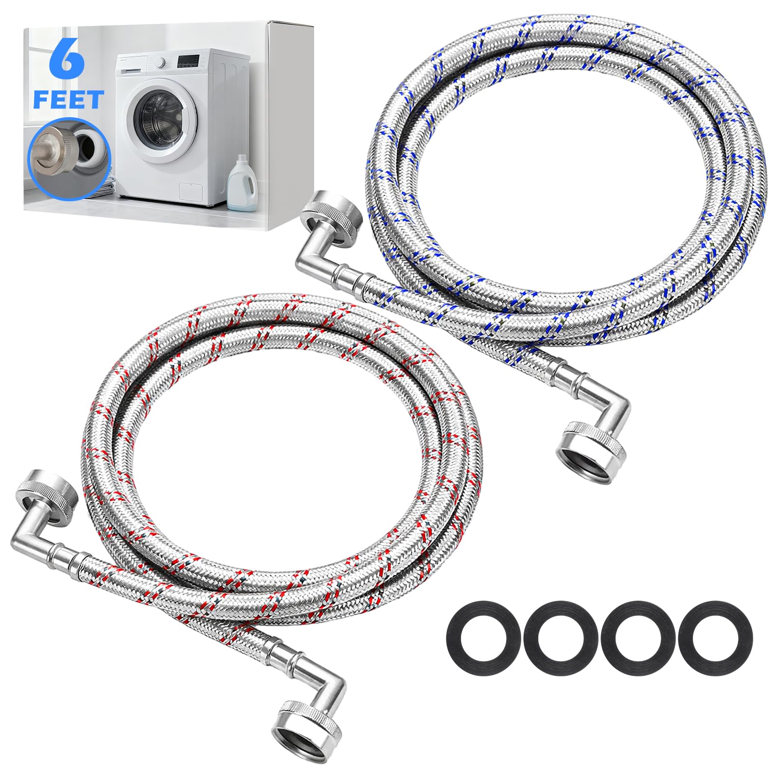 Otoolling 2 Pack 6ft Stainless Steel Washing Machine Hose with Double 90 Degree Elbow for Tight Spaces Burst Proof Hot and Cold Water Supply Hoses Flexible Silver Braided Hoses for Wash Machines