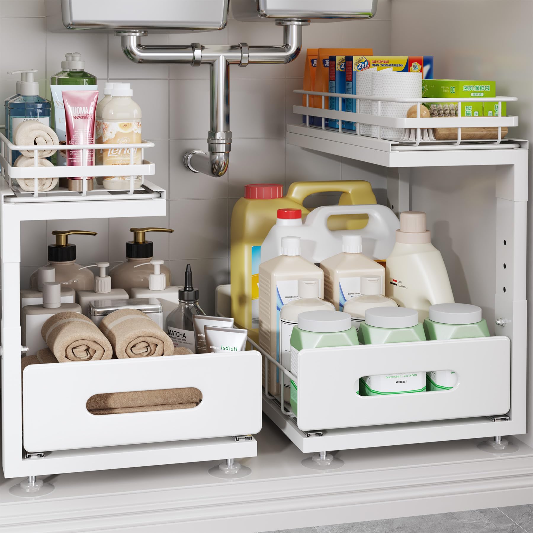 Organizador para debajo del fregadero actualizado a rieles profesionales, almacenamiento de gabinete extraíble doble de 2 niveles, cajones deslizantes de altura ajustable para baño y cocina