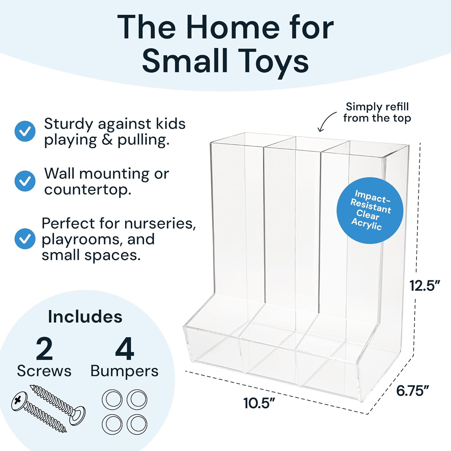Triple Acrylic Toy Dispenser for Kids - Self-Serve Snack & Toy Foam Blasters, Car Storage for Wall or Countertop - Clear 3-Compartment Hanging Organizer for Playroom & Nursery - 12.5" H