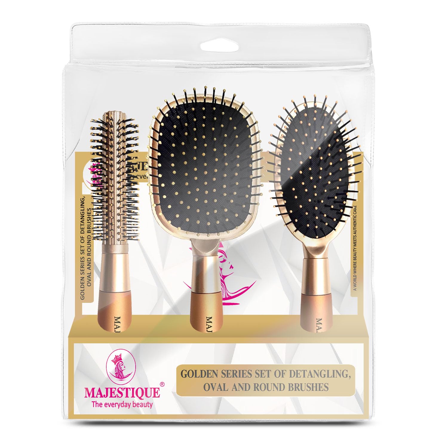 Majestique Paddle Detangling, Oval, and Round Hair Brush Set with Soft Nylon Bristles for Blow Drying and Straightened Look for All Hair Types in Men and Women - 3Pcs/Gold-image-6