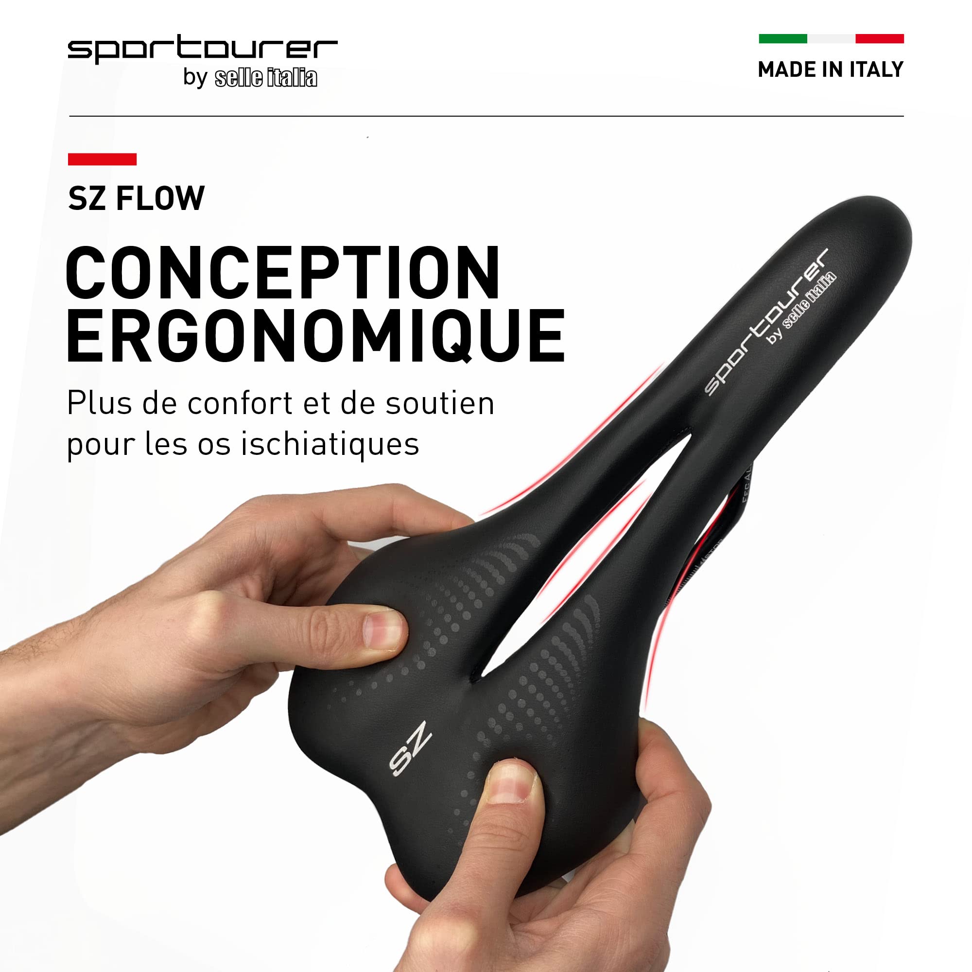 Sportourer by Selle Italia - SZ Flow, Selle de Vélo Souple à Assise Étroite, Hydrofuge et Adaptée à tous les Types de Vélo - Noir
