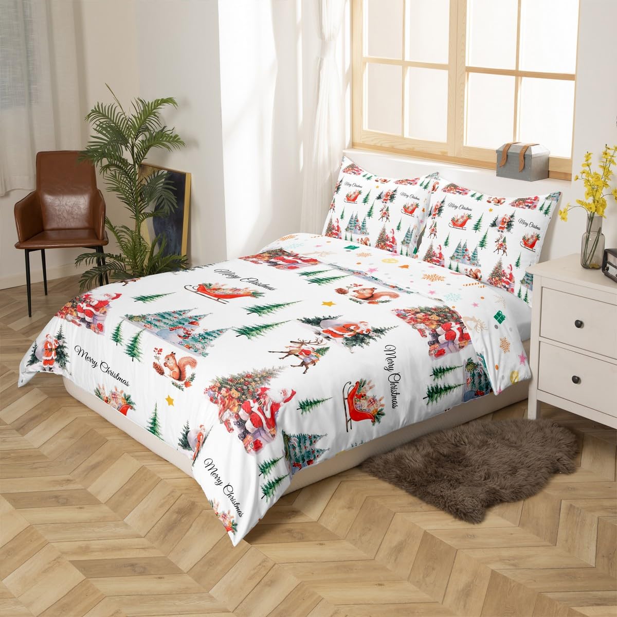 Homewish Poszewka na kołdrę z reniferem King Święty Mikołaj zestaw pościeli dla dzieci chłopców dziewcząt sanie sosna bałwan wiewiórka poszewka na kołdrę pudełko prezentowe Merry Christmas pościel