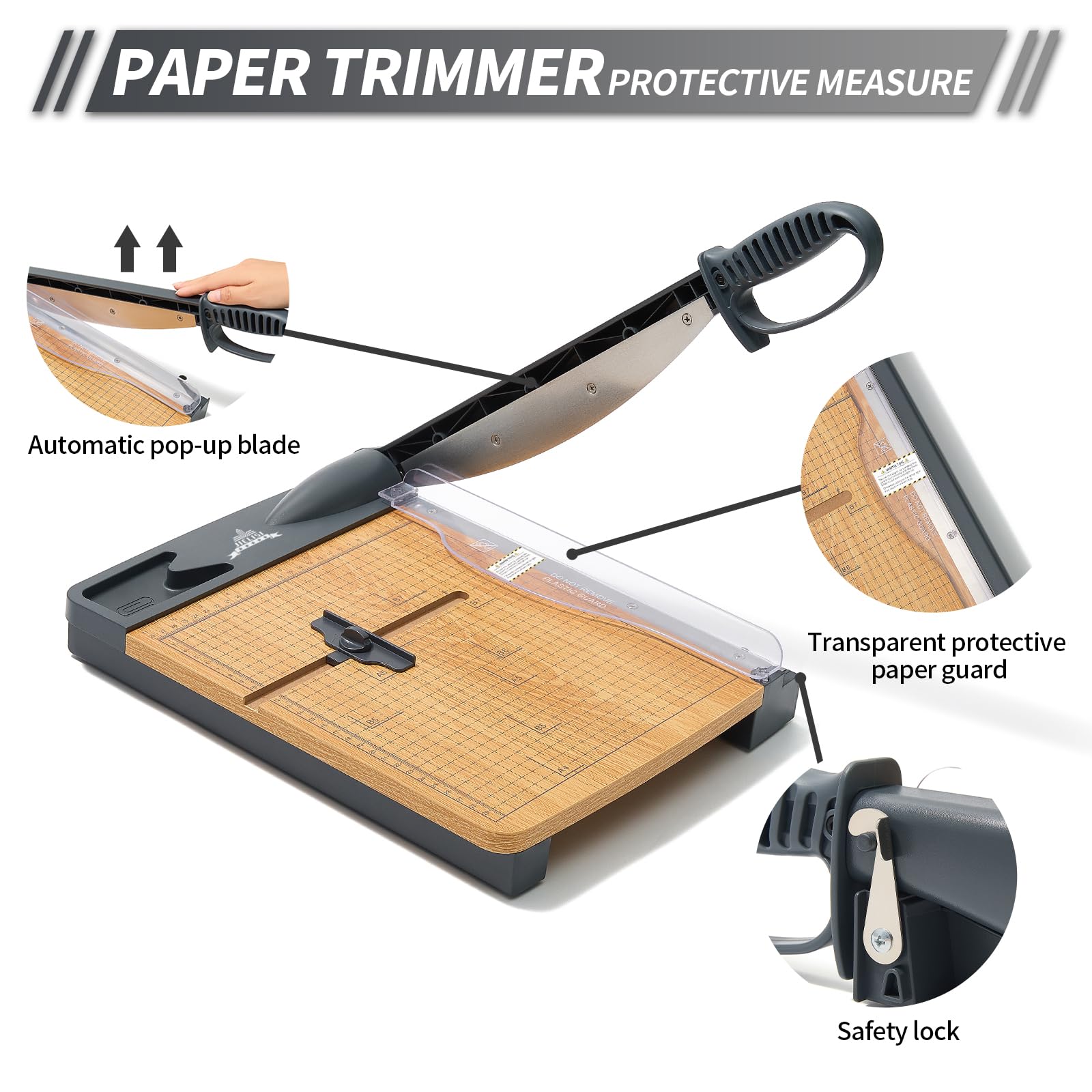 Taglierina per carta con ghigliottina di legno (80 g A4, 32 fogli di potenza di taglio), taglierina manuale, taglierina a leva, forbici per carta e foto, massima precisione