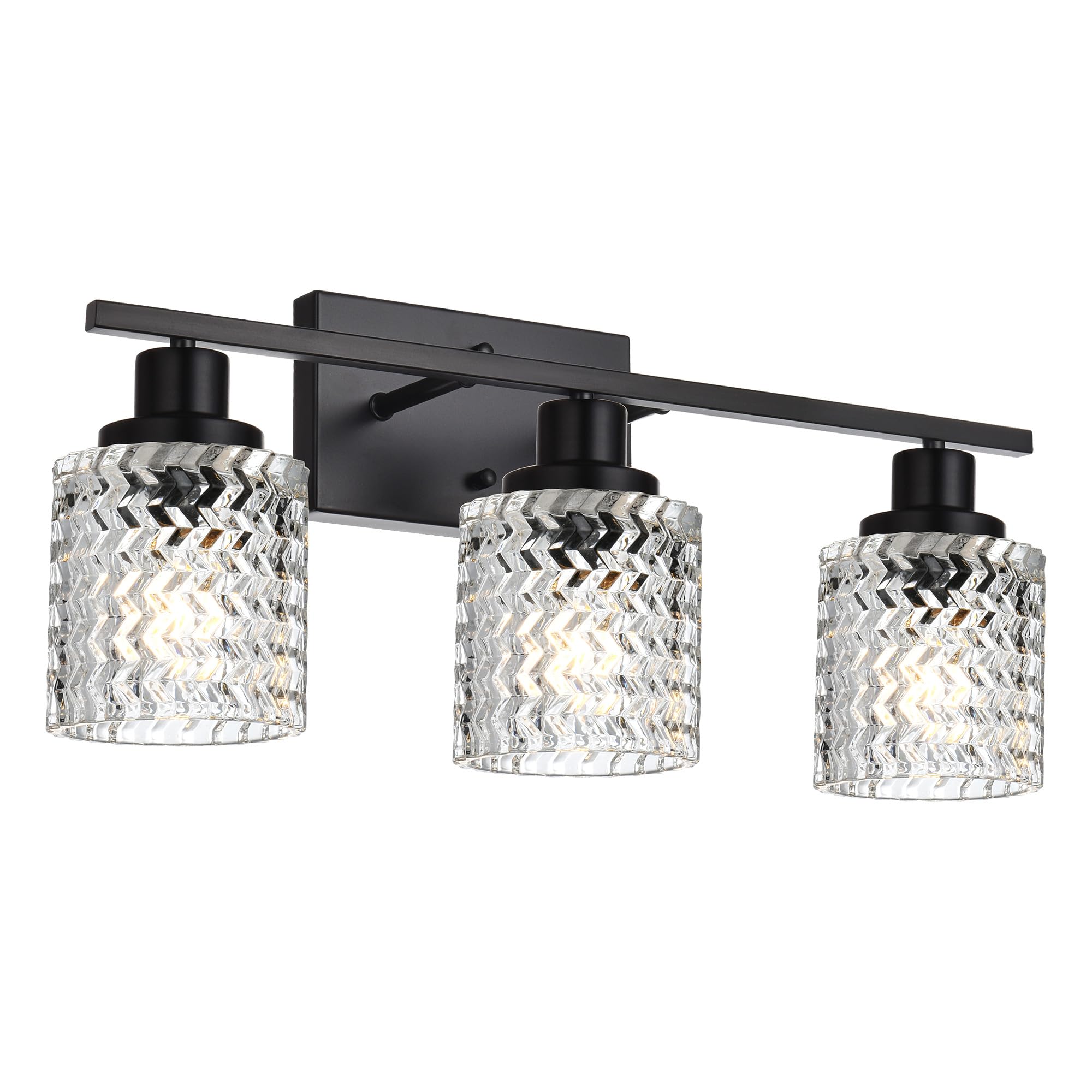 MELUCEE 3 Lights Modern Bathroom Light Fixtures Black Vanity Lights Indoor Wall Mounted Light with Hammered Glass Shade Suitable for Bathroom Living Room Hallway