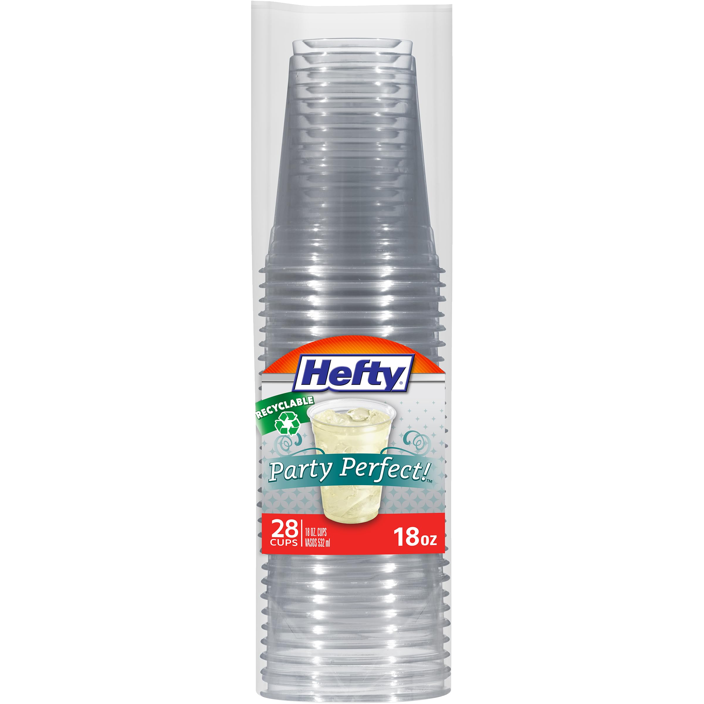 Hefty Party Perfect Clear Plastic Cups, Large Clear Party Cups for Easy Cleanup and Large Gatherings, Recyclable, 18 Ounce, 28 Count
