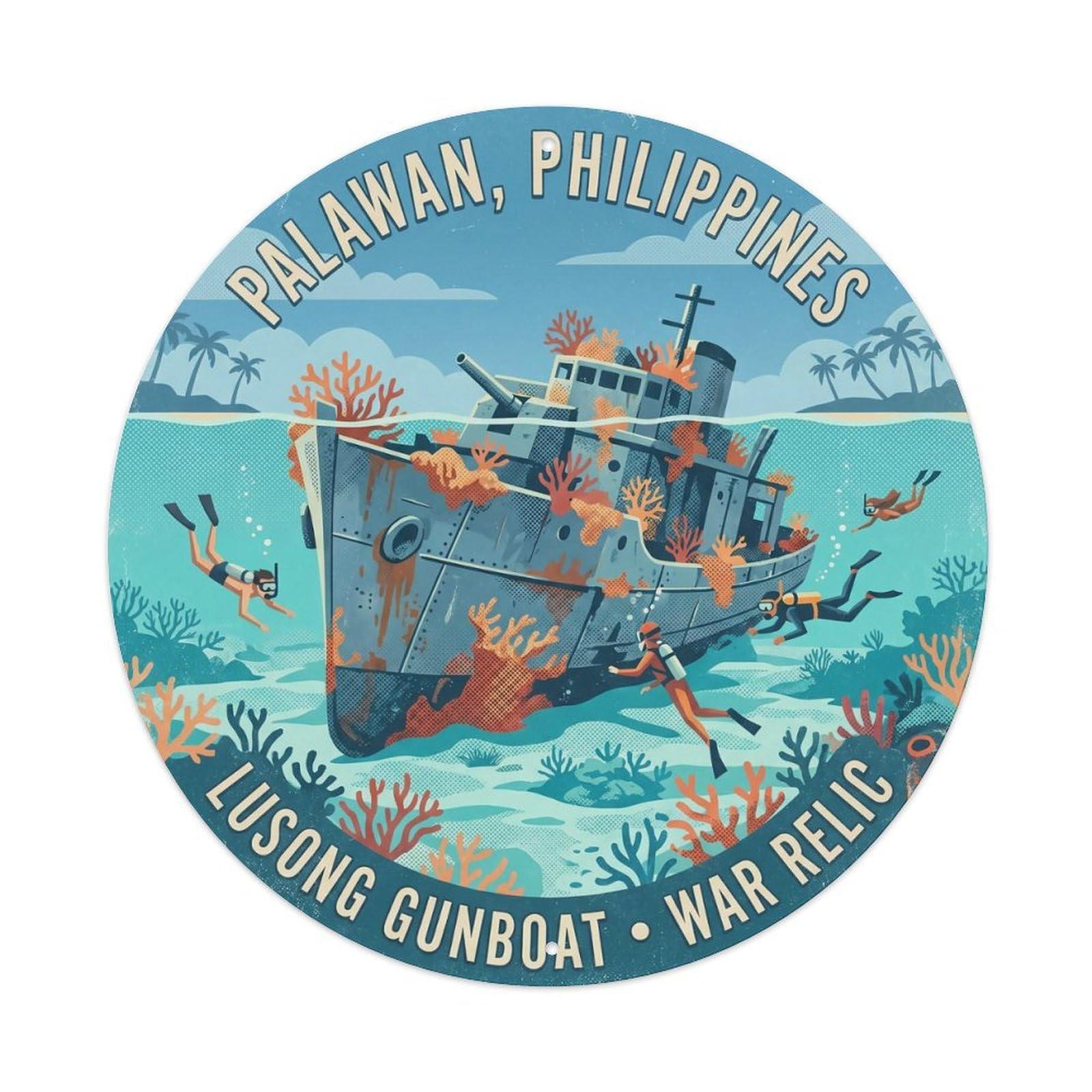 Odgynaw 8X8inch(20X20cm) Palawan Lusong Gunboat Wreck Shipwreck Diving Travel Metal Tin Sign