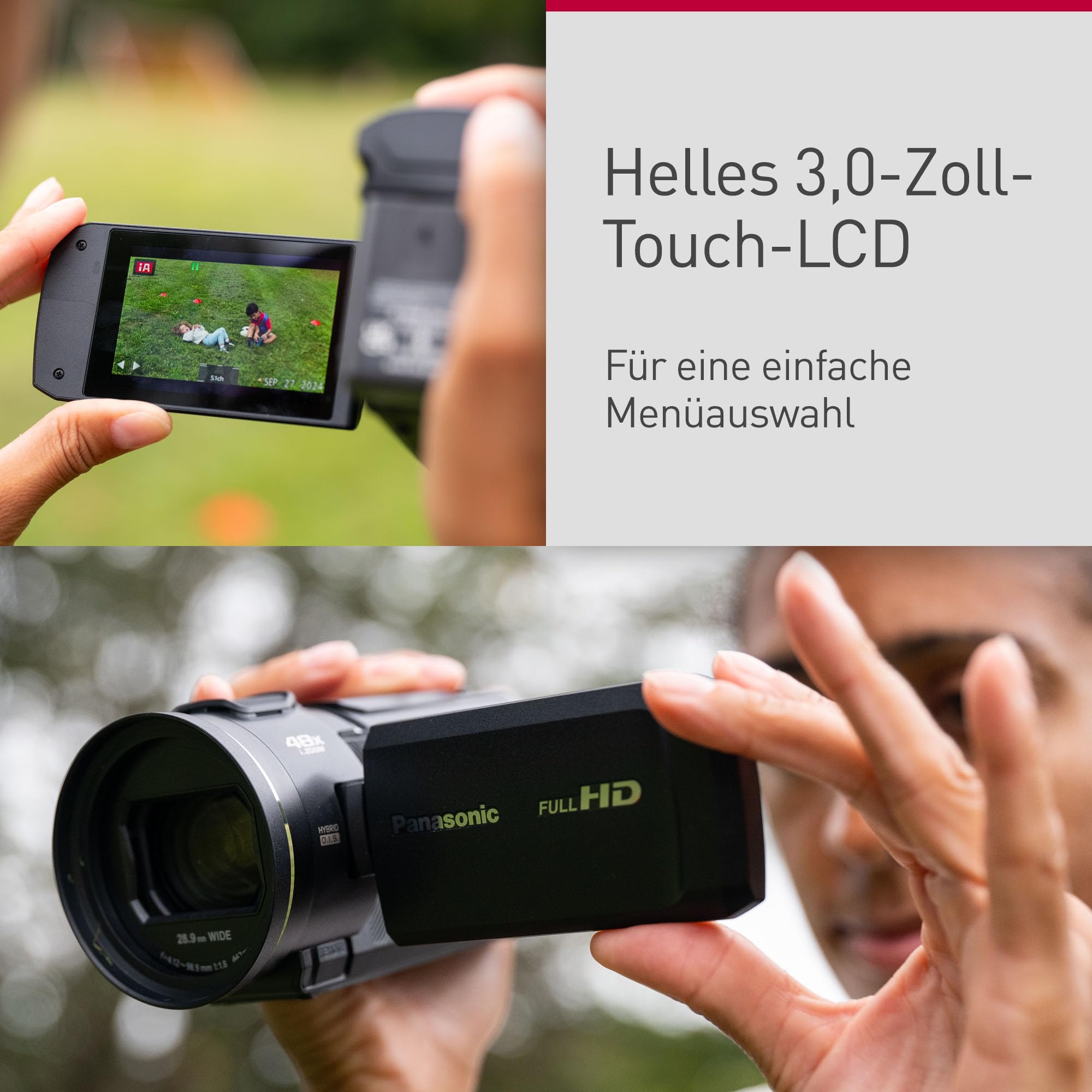 Panasonic HC-V900E-K Full-HD-Camcorder, 25mm F1.8 Weitwinkelobjektiv, 24x optischer Zoom, Hybrid OIS+, HDR, Schwarz