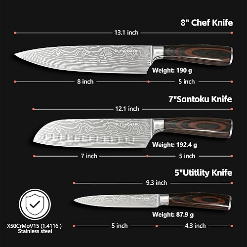 Miniatura 8 de Juego de cuchillos de chef de cocina profesional, Razor Sharp de acero alemán de alto carbono, 3 piezas, mango ergonómico de madera de Pakkawood