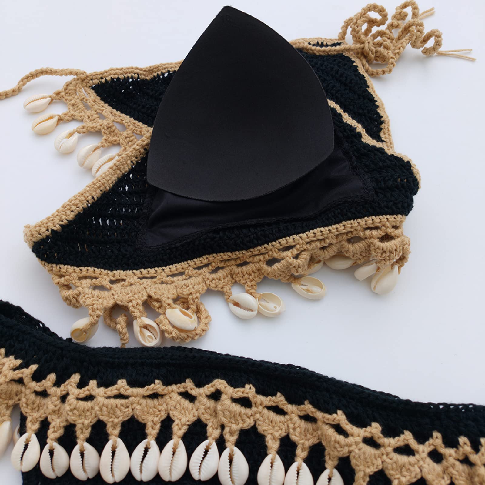 Conjunto De Bikini Sin Espalda con Cuello Colgante Sexy De Verano Traje De Baño De Ganchillo Hecho A Mano Negro Ropa De Playa con Borlas De Concha A La Moda Lencería
