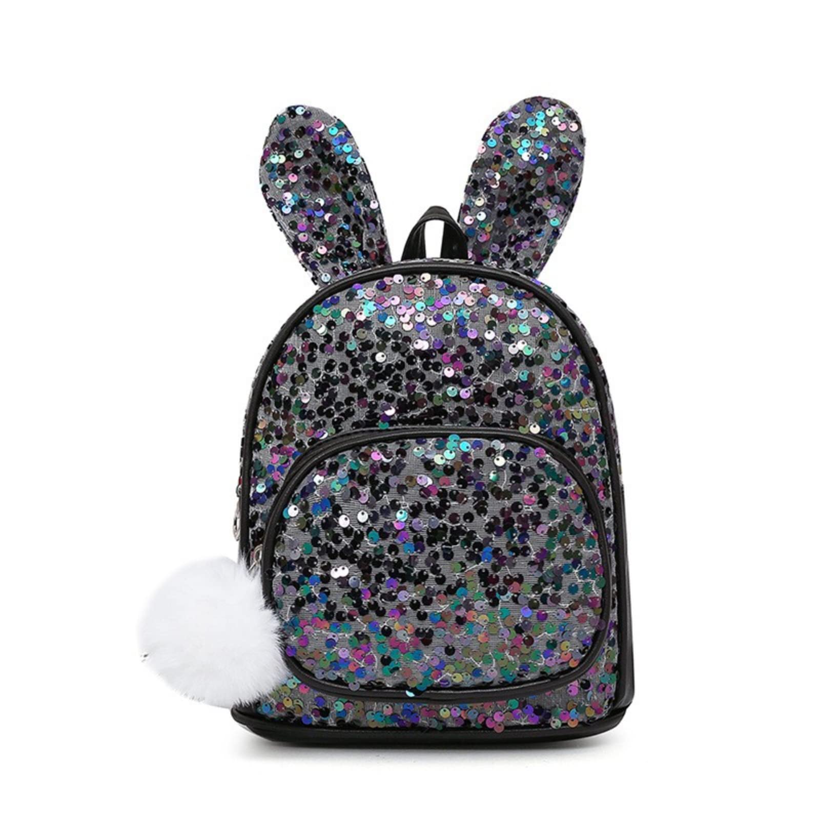 Cute rabbit ears backpack Sequin Backpack Holographic bag (Black)
