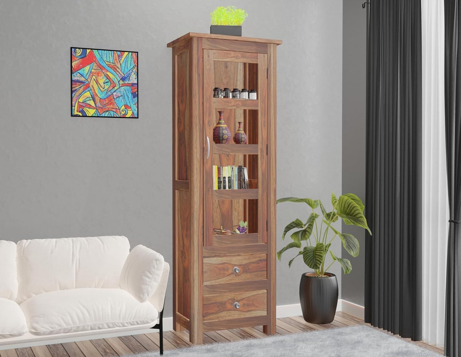 Wood Book Shelf with Glass Door, Bookshelf for Home Library, Crockery Unit Cabinet, Kitchen Cabinet Storage, Books Rack,Book Stand,BookCases,Shelves, Natural-image-8