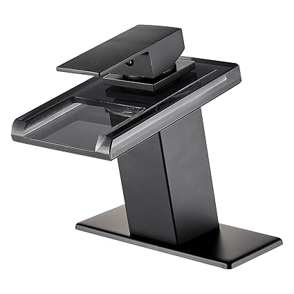 Bathroom Sink Faucet with LED Light, 3 Colors Changing Waterfall Glass Spout Faucet, Single Handle Single Hole Cold and Hot Water Mixer Vanity Sink Tap (Matte Black)