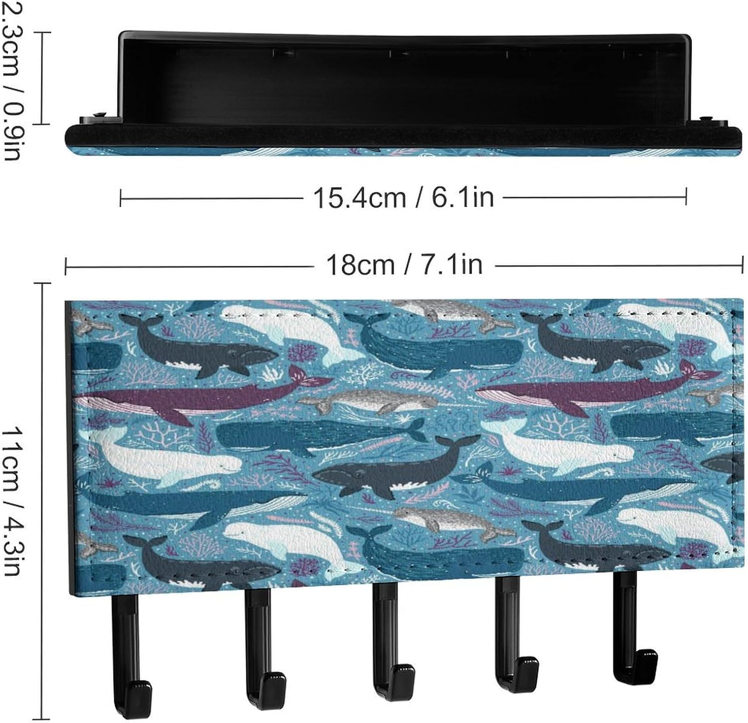 Key Holder Wall Mount Key Hanger with 5 Hooks, Decorative Key Rack | Whale Pattern Hanging Key Hooks with Mail Organizer for Wall Living Room Kitchen Bathroom Hallway
